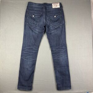 True Religion Jeans Men's 33 (Fits 35x34)‎ Skinny Flap Pockets Blue Embroidered